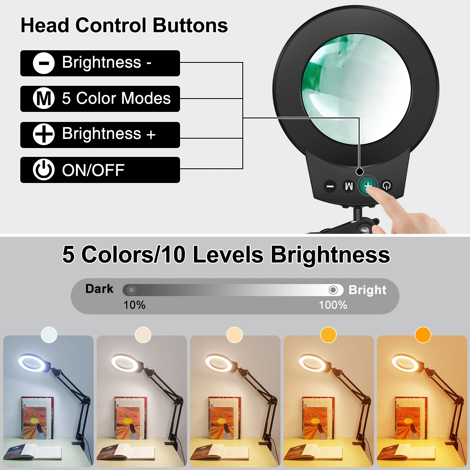 NEWACALOX 5X/10X  Magnifying Glass Touch Control Table Lamp 5 Color Adjustable Lights For Nail Enhancement Reading Illumination