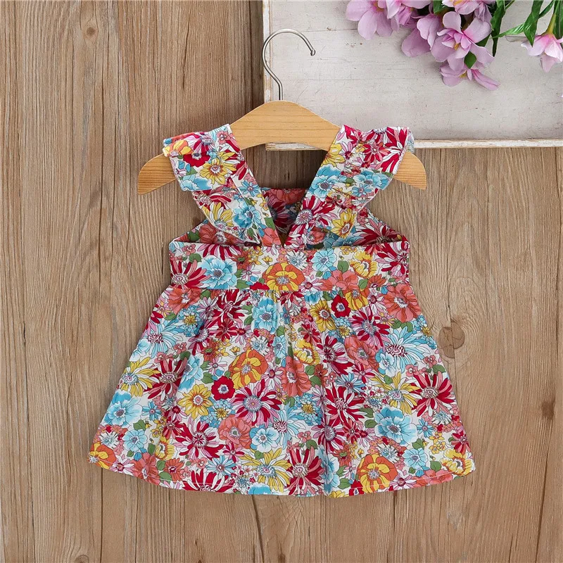 Summer New Sweet Princess Dress Birthday Party Dress Floral Small Flying Sleeve Round Necktie Crossbody Bag Bow Casual (0-3 Year