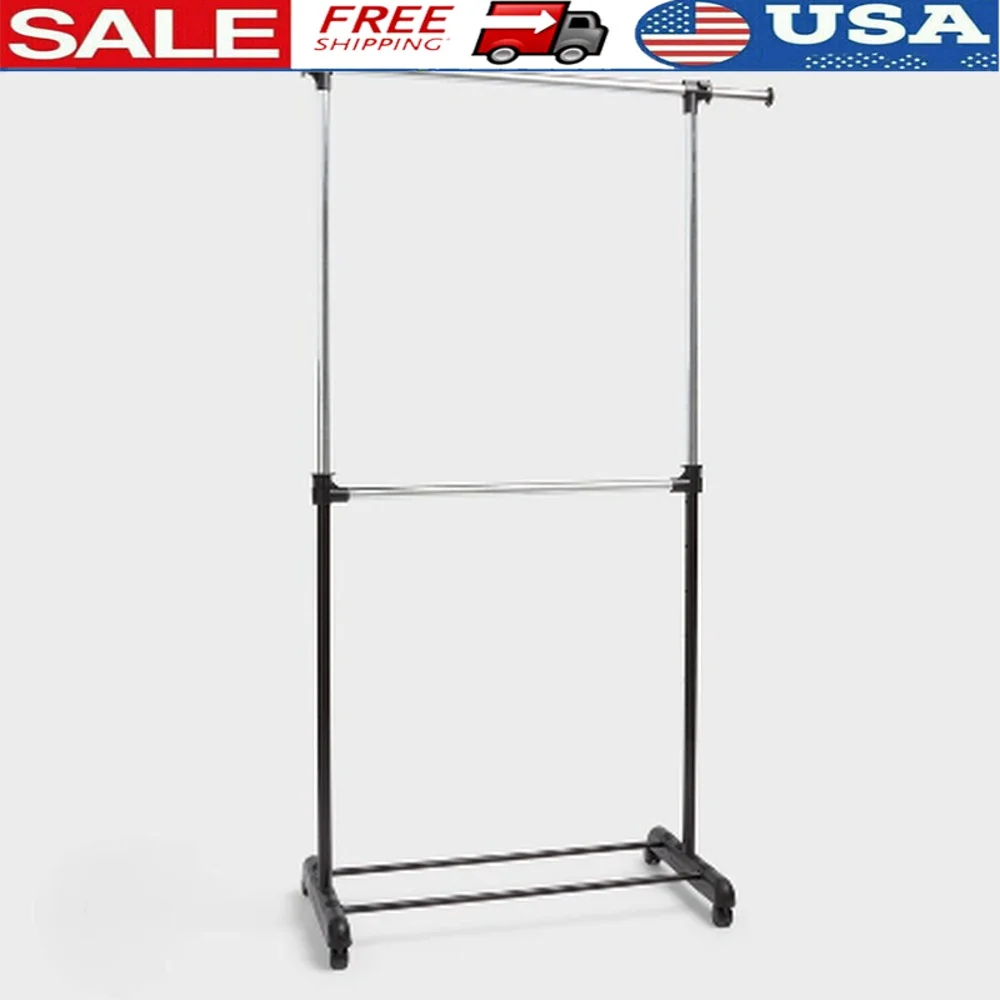 

Adjustable Double Rod Steel Garment Rack with Top Center Hanging Rods Perfect Clothes Storage in Any Room