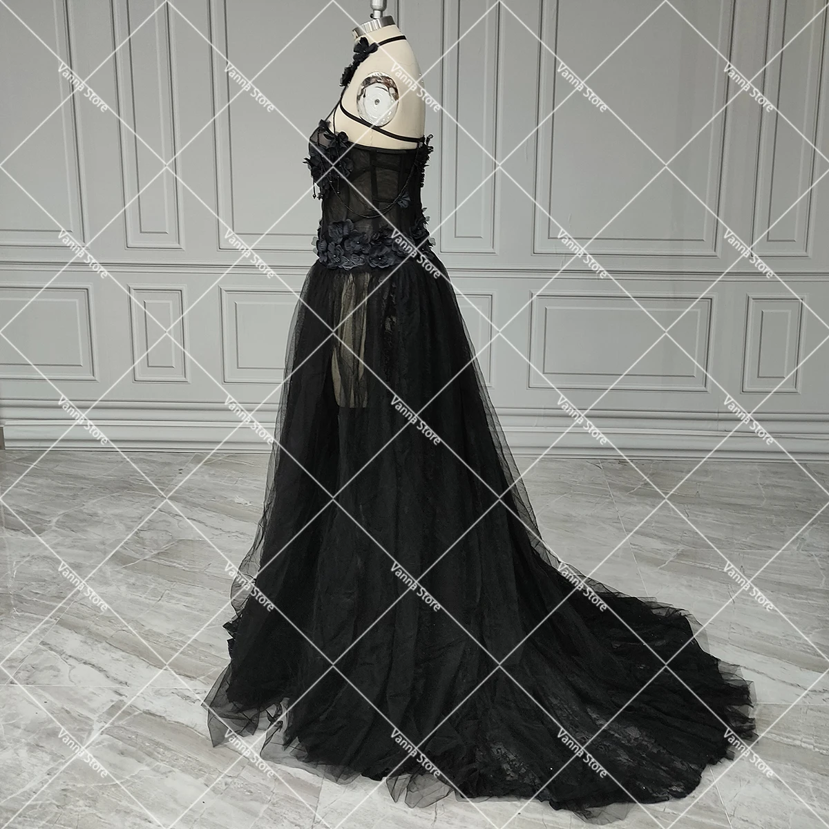 الديكور شرابات الرسن فستان الزفاف الأسود غريب الأطوار الحبيب لا بطانة منتفخ تول تنورة مخصصة زي العرائس القوطية