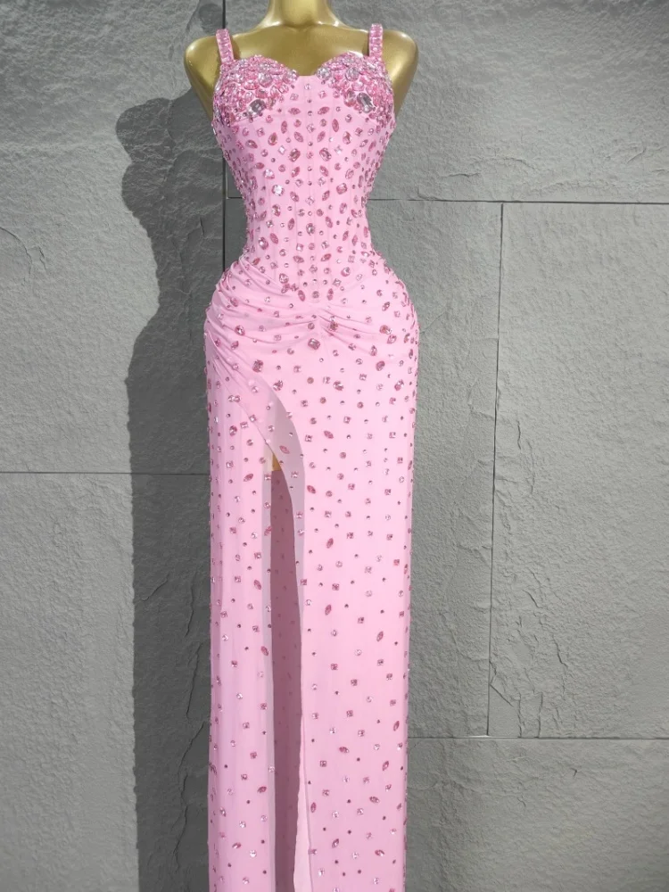 

2025 Women's Pink Rhinestone Embellished Maxi Dress - Sweetheart Neckline, High Slit for Prom and Evening Parties