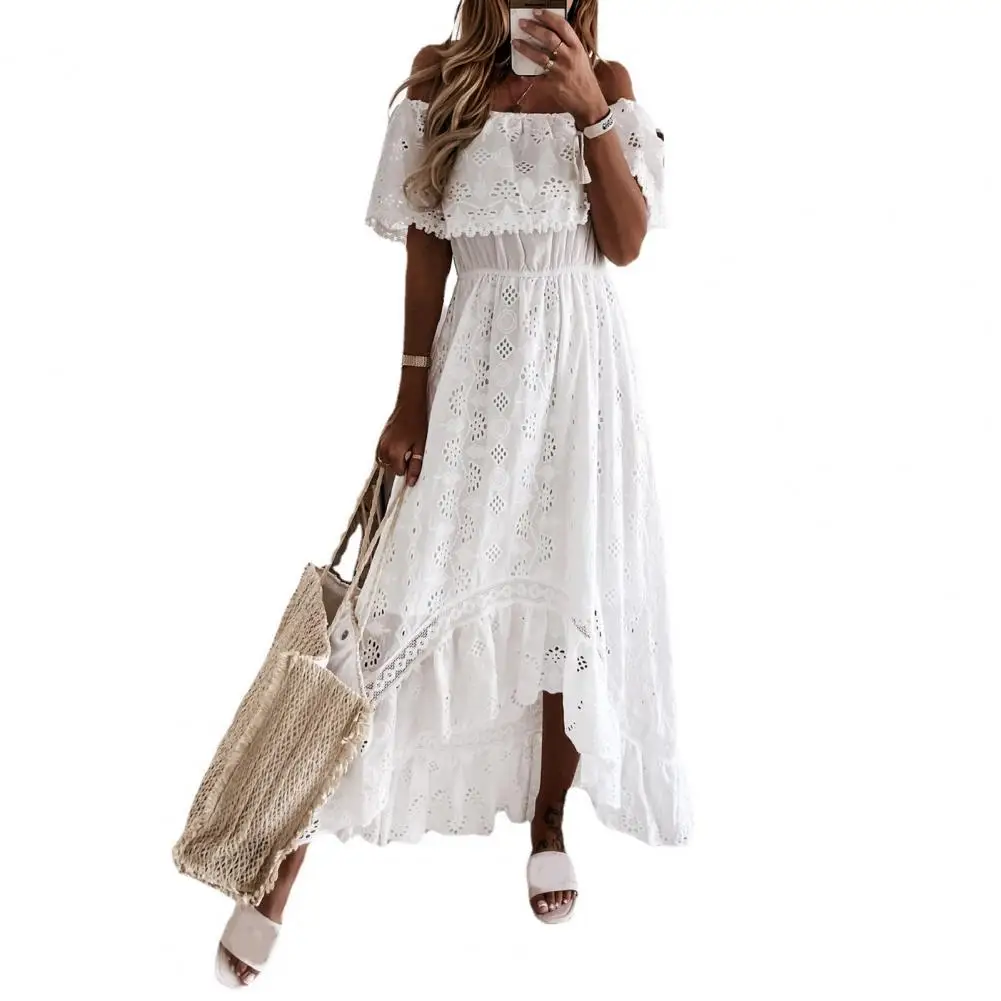 

Summer White Dress for Women 2024 Lace Hem Bohemia Short Sleeve High Waist Dress V-Neck Long Casual Ruffle Maxi Dress