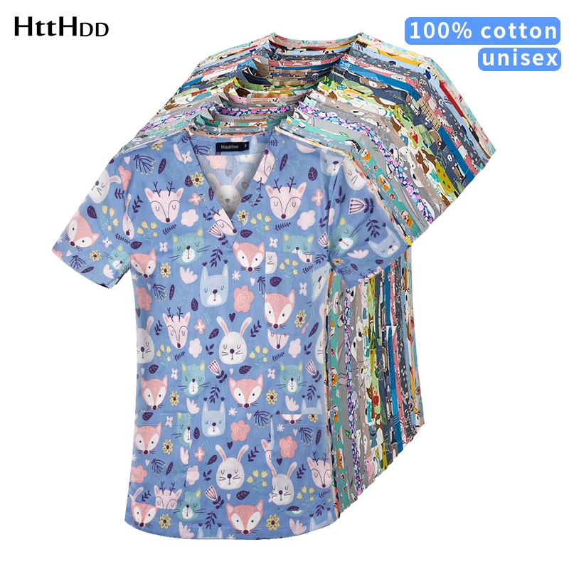 htthdd new cotton Pink flamingo printing nurse scrubs uniform beauty salon nursing uniform lab uniform Scrub uniform Work clothe