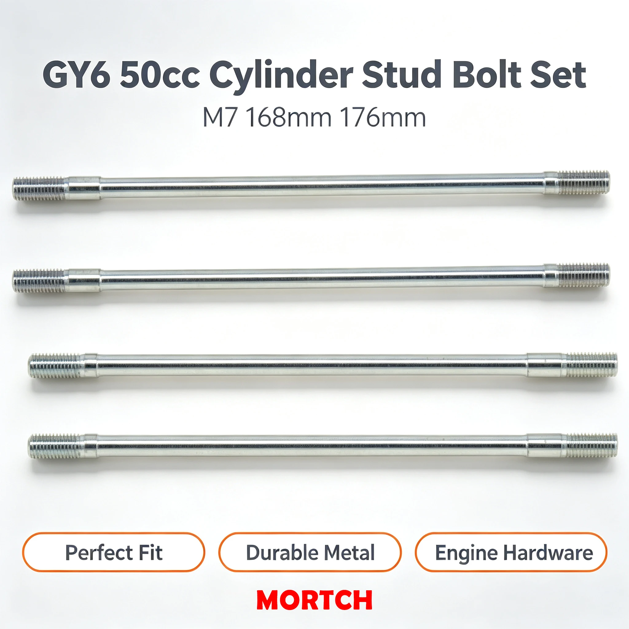 GY6 50cc Engine Cylinder Stud Bolt Set, M7 Thread 168mm & 176mm, Total 4 Stud Bolts Hardware