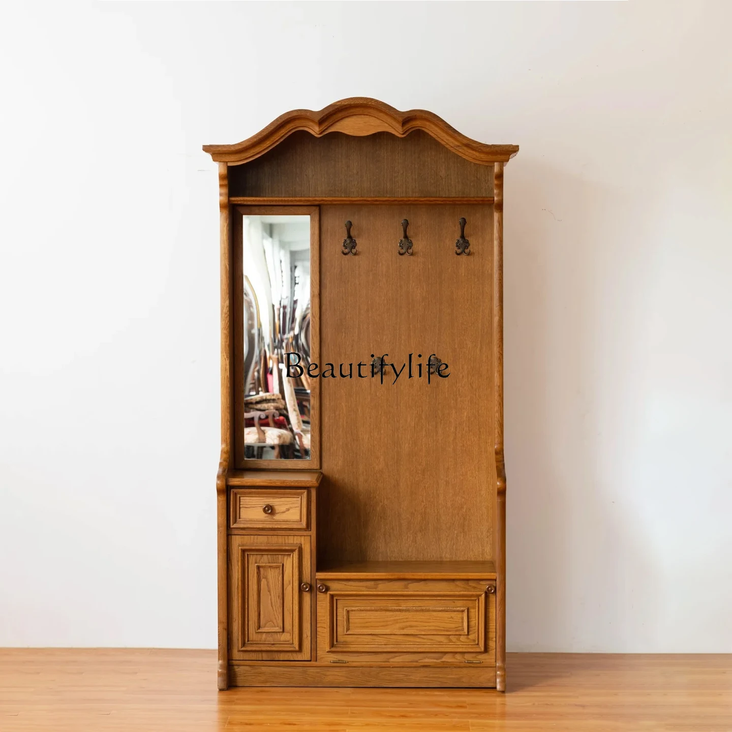 

French medieval style old carved porch coat cabinet opposite door shoe cabinet