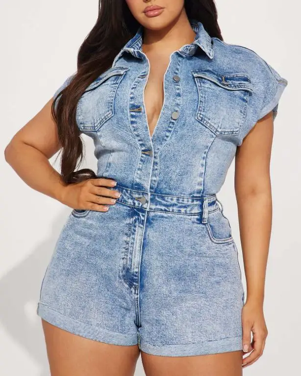 

Women's Fashion High Stretch Short Sleeve Slim Denim Jumpsuit Female Daily Clothing New Style Women Sexy Slimming Jumpsuits