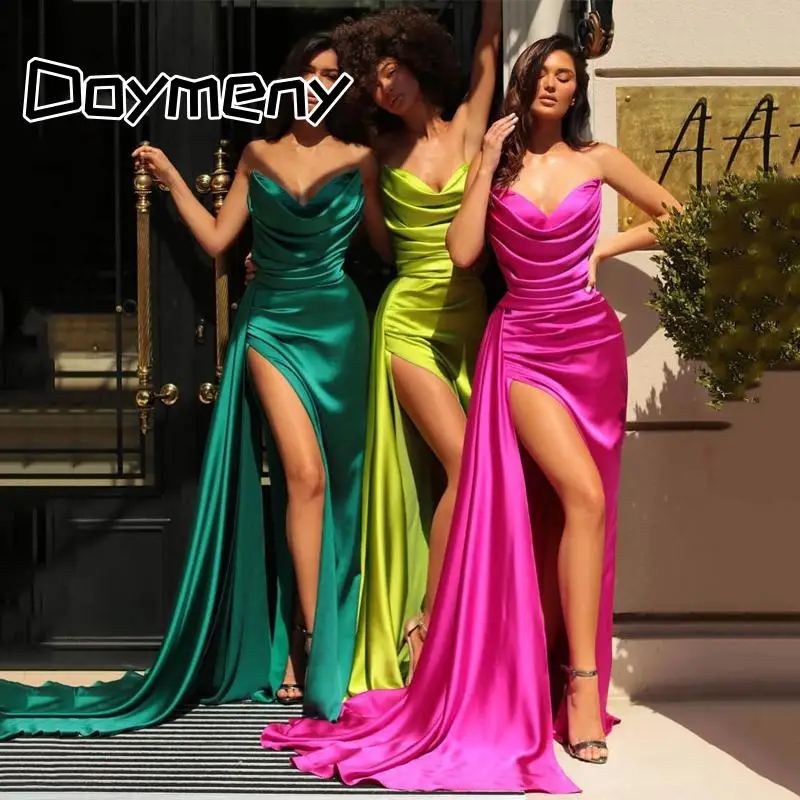 Doymeny Evening Dresses Ruched Pleats V Neck Floor Length Satin Sweep Mermaid Long with Slit Prom Dresses Party Gowns