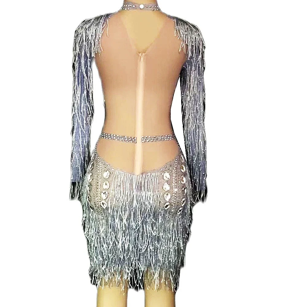 Silver Shining Tassel Crystal Rhinestones Long Sleeve Sexy Dress For Women Evening Ballroom Stage Entertainer Drag Queen Outfit