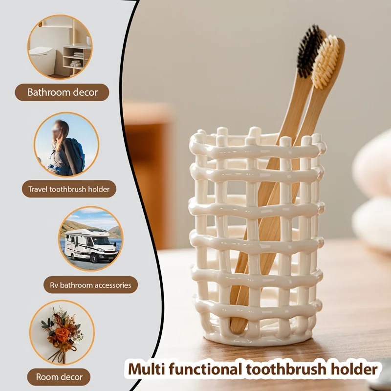 

Handwoven Ceramic Toothbrush Holder Bathroom Organizer Luxury Toothpaste Tube Makeup Brush Storage