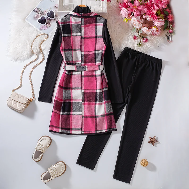 Three Piece Set Of New Solid Color Long Sleeved Pants With Checkered Bottom For Winter Girls Casual Birthday Party Clothing