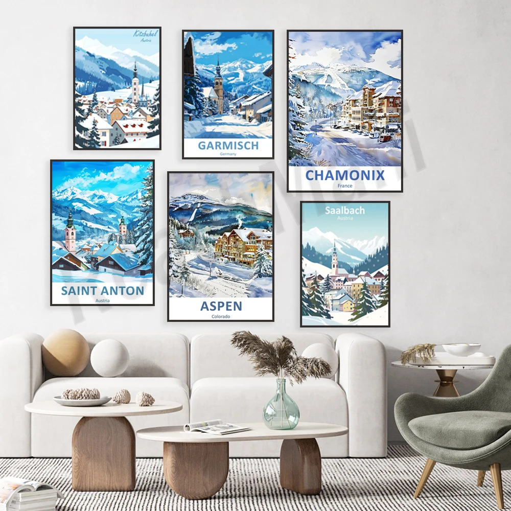 St. Moritz, Verbier, Kitzbühel, Chamonix France, Vail Colorado, Garmisch, Whistler, Zermatt, Saalbach travel print, ski poster