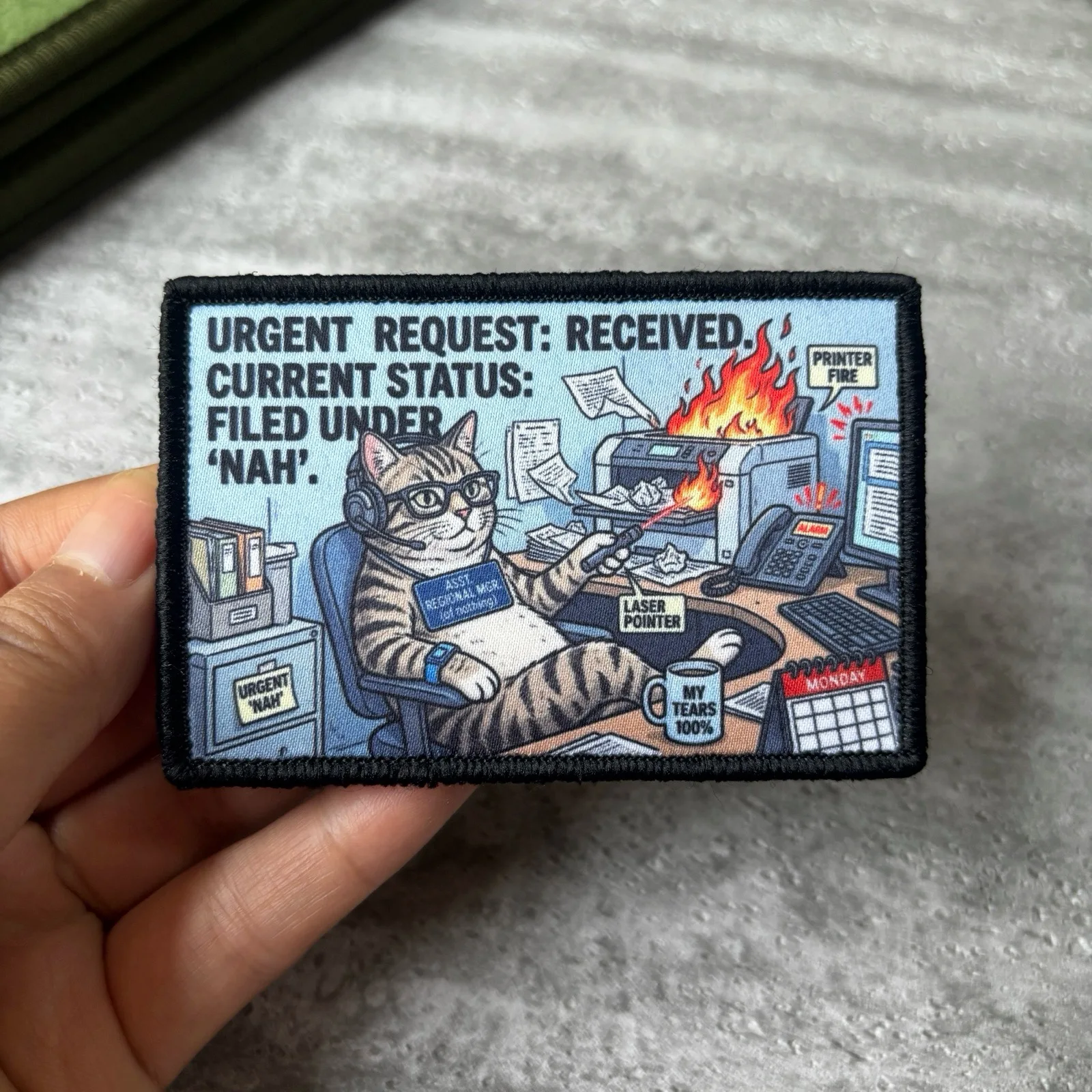 Urgent Request Cat Printed Morale Patch Funny Office Printer Fire Meme Badge for Backpack Jacket Clothes Accessories