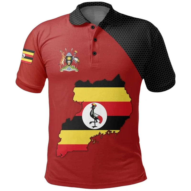 Bandeira dos homens Uganda Mapa 3D Imprimir Camisas Polo, África País Dashiki Roupas, Emblema Nacional T-shirt, Manga Curta Masculino Tees, Tops