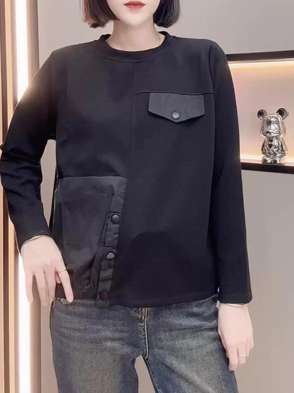 

Elegant Mamba Cotton Long Sleeve Sweatshirt Casual Loose T-Shirt Women's Versatile Retro Top Fashionable Patchwork Design