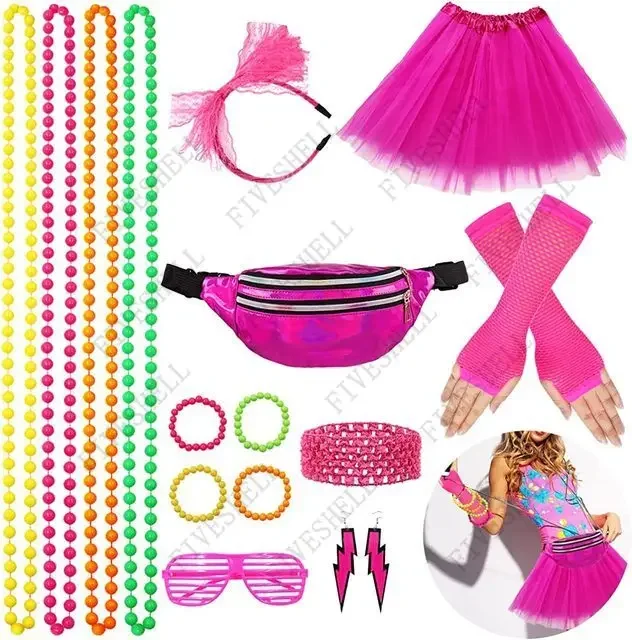 80s Fancy Dress For Women Neon T-Shirt Necklace Earrings Fishnet Leg Warmers Tutu Skirt Set 1980s Women/Festival Accessories Set