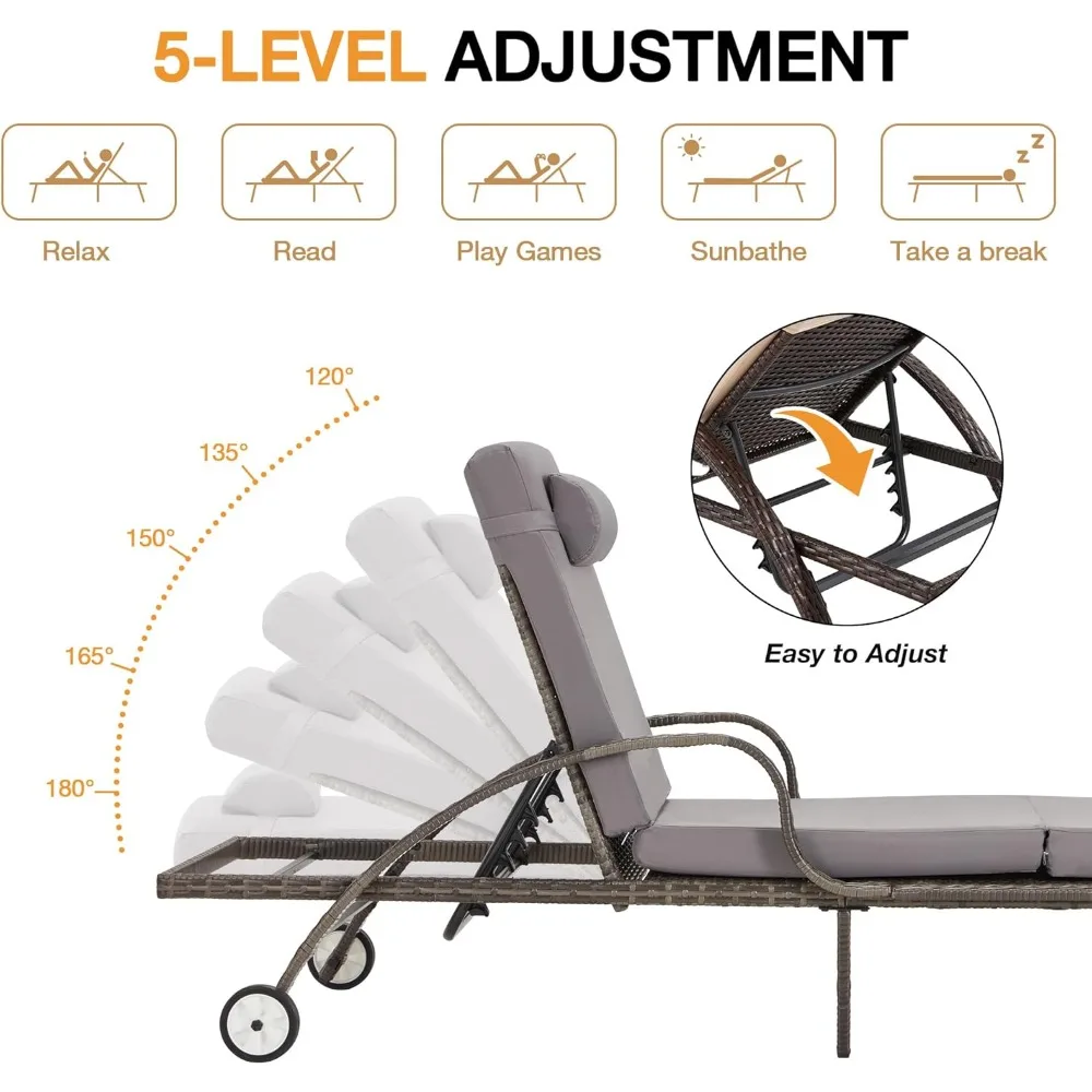 طقم صالة ويكر تشيس مكون من قطعتين، كرسي صالة حمام السباحة مع طاولة جانبية، كرسي استرخاء للاستلقاء في الهواء الطلق مع عجلات 5 مستويات قابلة للتعديل