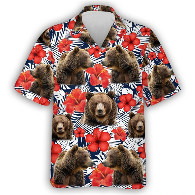 Blusa animal urso vintage masculina, camisa havaiana fofa, impressão 3D, manga curta, streetwear de harajuku, blusa social casual masculina