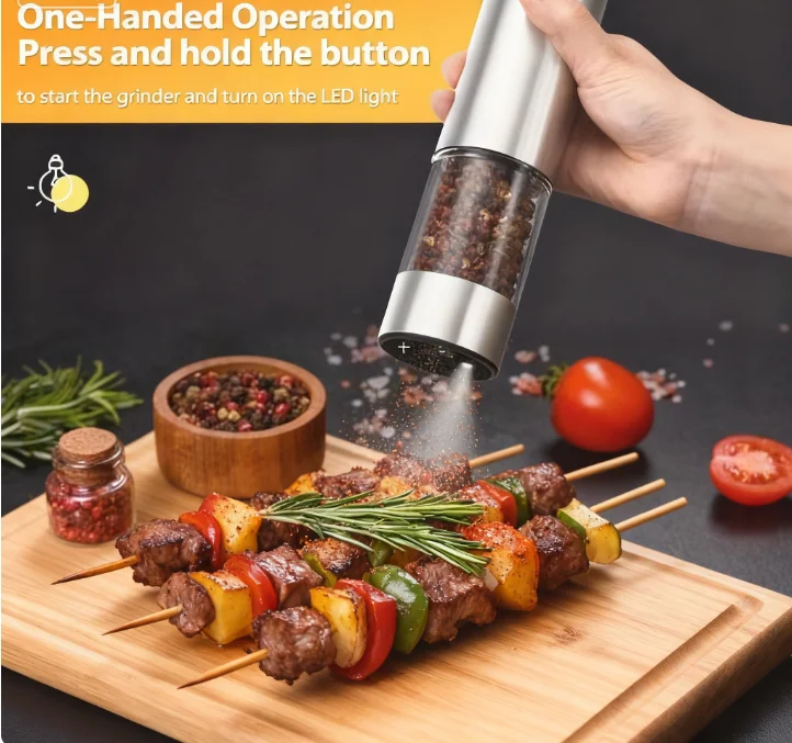 

Electric Pepper Grinder, One-hand Operation With Led Light, Stainless Steel Seasoning Grinder Bottle, Kitchen Seasoning Tool