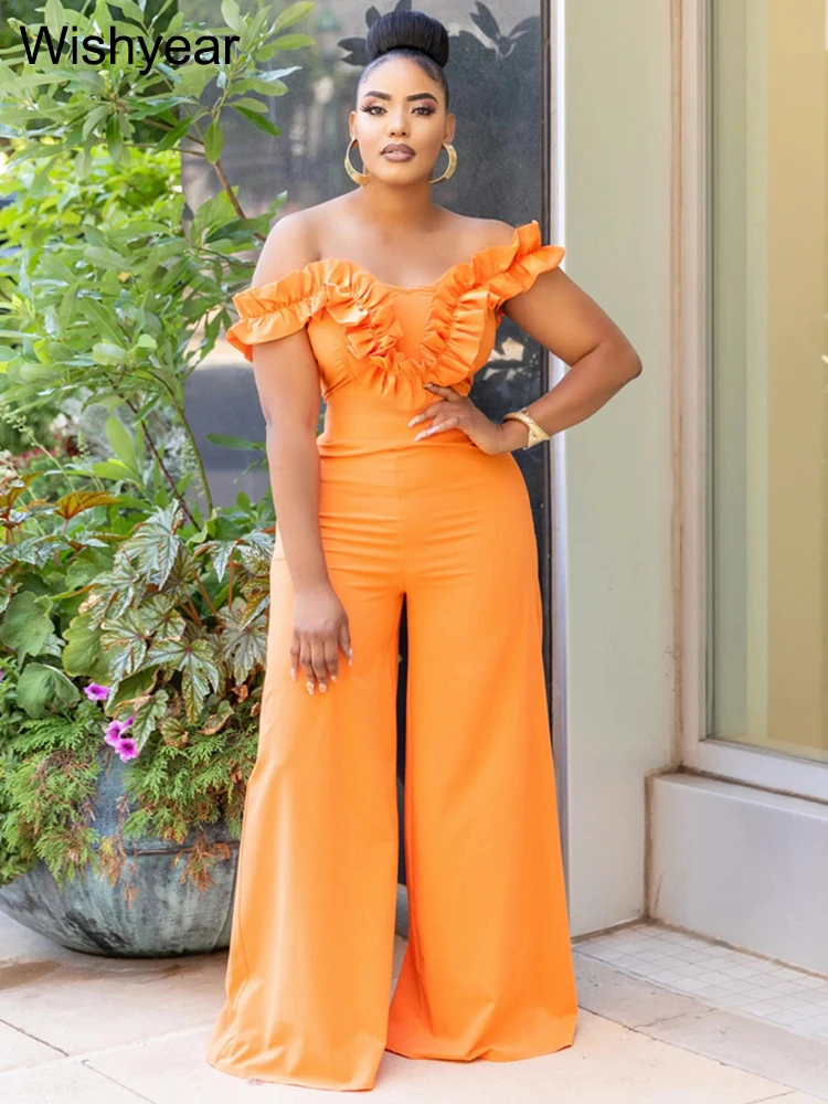 

New Elegant Orange Office Lady Wide Leg Jumpsuits Long Rompers One Pieces Ruffled Off Shoulder Backless Sexy Birthday Overalls