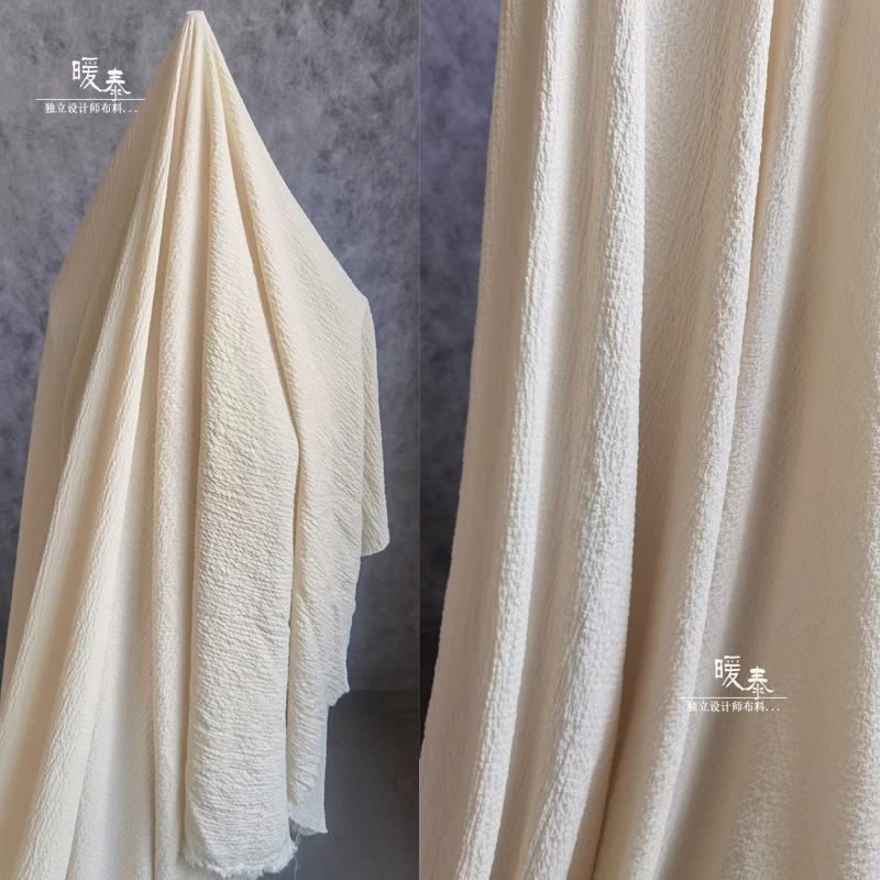 Designer Fabric Rice White Pleated Texture Fabric Graduated Student Fashion Dress Design Fabric