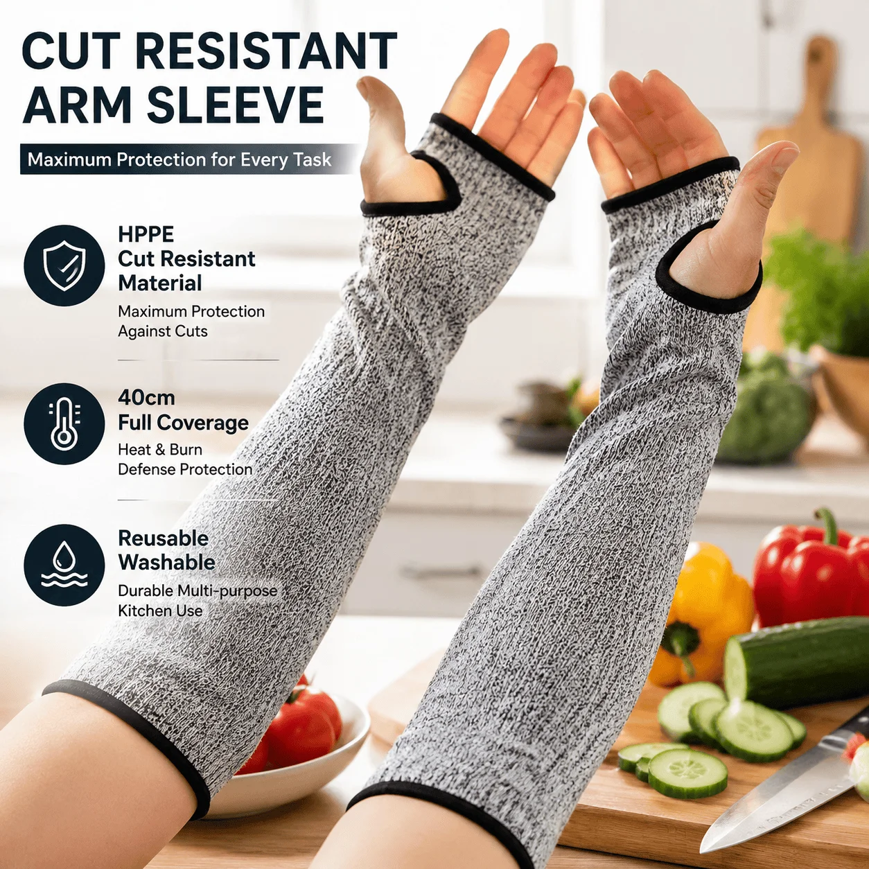 Cut Resistant Sleeve 40cm Anti Cut Forearm Protector Heat Burn Defense HPPE Safety Gear Reusable Washable Kitchen Glass Metal