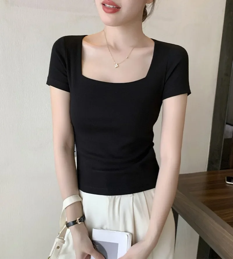 New Women Elegant Square Collar T Shirts Spring Summer Casual Rib Tops Casual All-Match Tees Fashon Chic Sweet Girls Streetwears