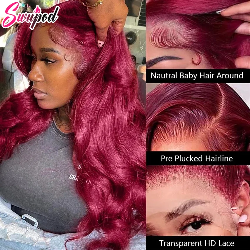 99j Bordeauxrood 13X4 Hd Transparant Lace Frontale Pruik Body Wave Rood Gekleurd Menselijk Haar Pruiken 13X6 Hd Lace Front Pruik 220% 30 32 36Inch