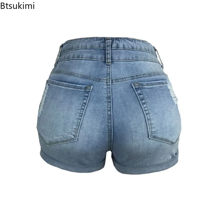 Shorts jeans de cintura alta feminino, jeans de botão reto, calça curta feminina, moda casual, verão, 2024