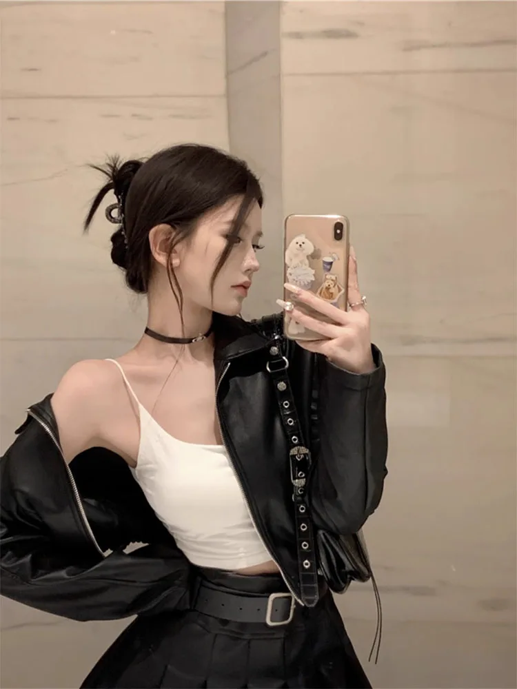 Sweet Cool ort PU Leather Jaet Women's Spring Autumn New Sle Chic Small Size Faionable Top Zipper Closure  Color