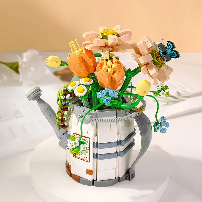 Mini Watering Can Potted Building Blocks Flower DIY Plant Bonsai Bouquet 3D Model Home Decoration Children\'s Assembled Toy Gift