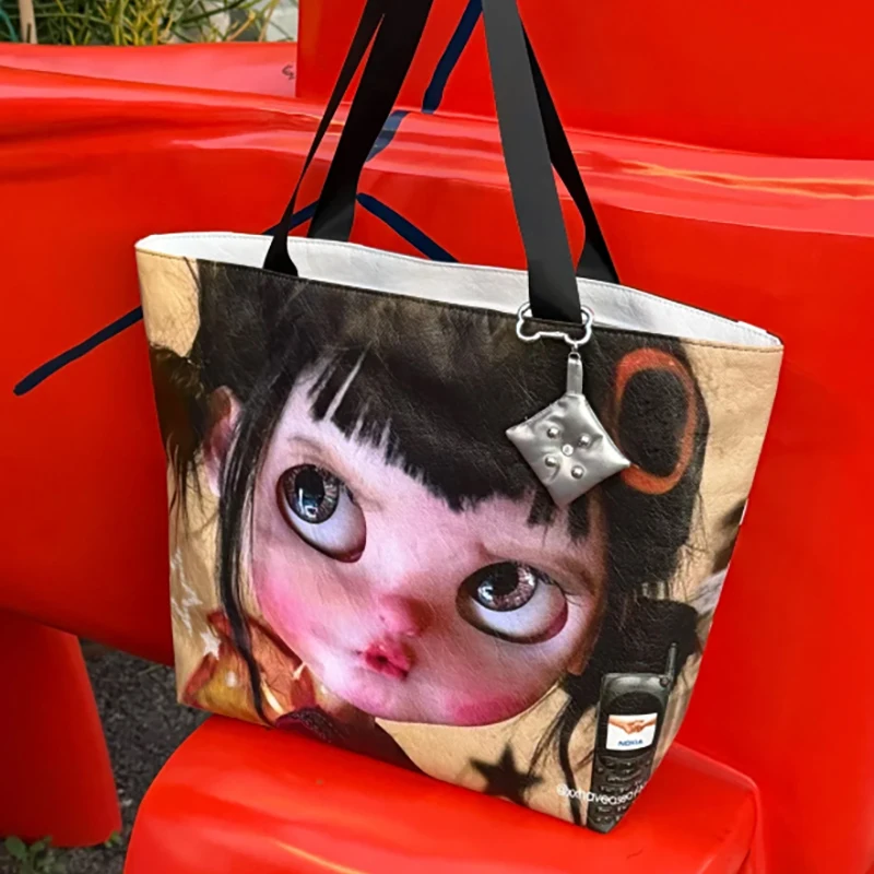 Y2K Cartoon Big Eye Girl Print Tote Bag Large Capacity Double-sided Pattern Shoulder Bag Fashion Lightweight Shopping Handbag