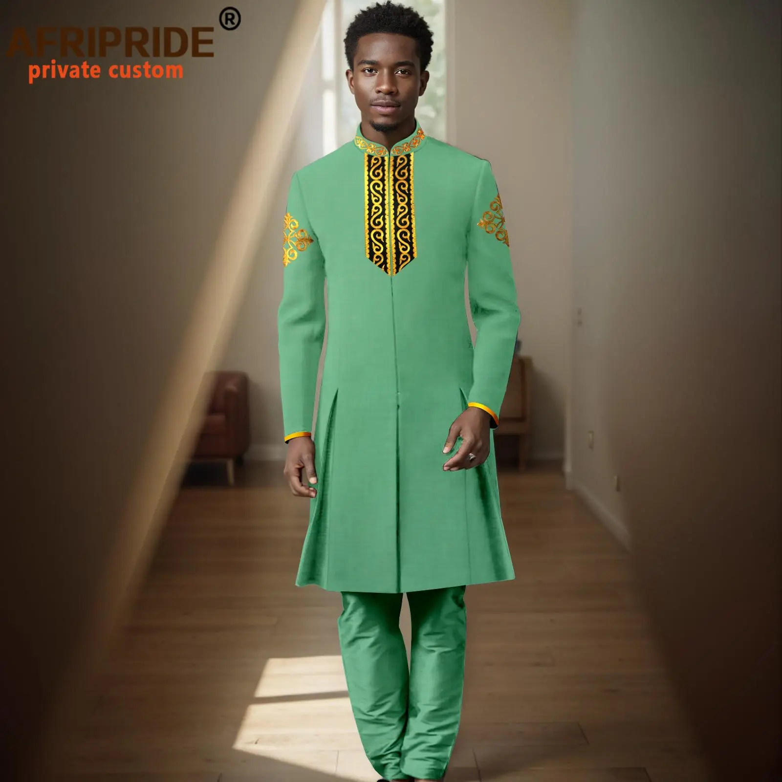 Men`s Suits African Clothes Embroidery Lined Long Blazer and Pants 2 Piece Set Formal Outfits Party Wedding Wear 2416074