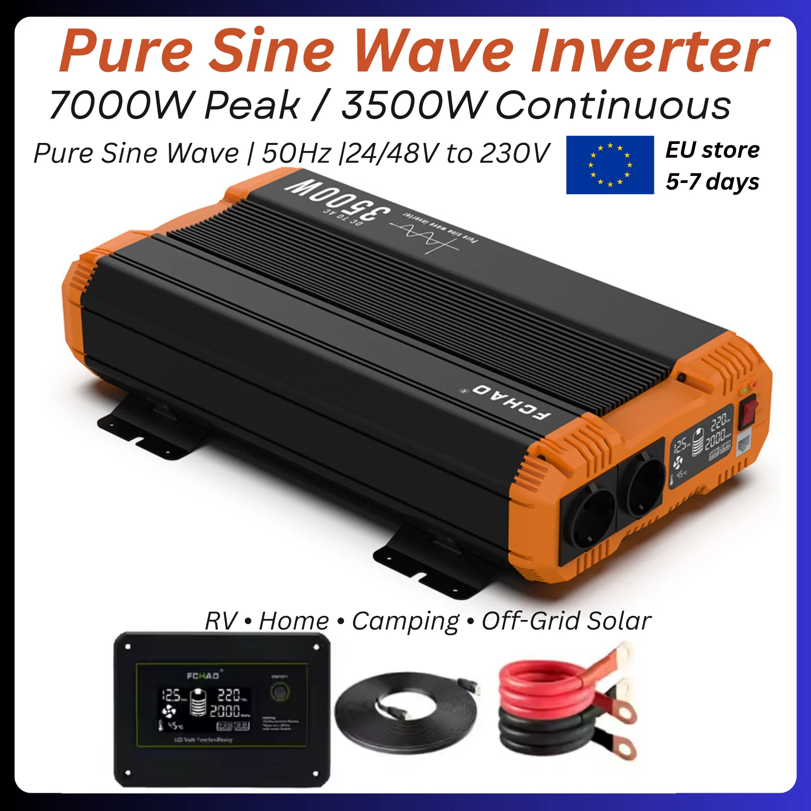FCHAO 3500W 24V/48V to 220V 50Hz Pure Sine Wave Inverter Continuous Power Converter with LCD Display & Remote Control, for Home