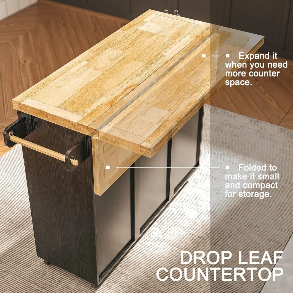 Rolling Kitchen Island Cart with Drop-Leaf Countertop, Barn 3 Drawers, Barn Door Style Cabine, Spice Rack, on Wheels