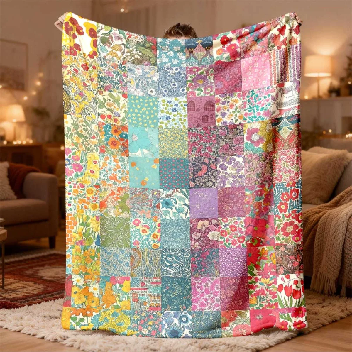 Vibrant Patchwork Throw Blanket Cozy Boho Living Room Decor Chunky Knit Throw for Sofa Bedding