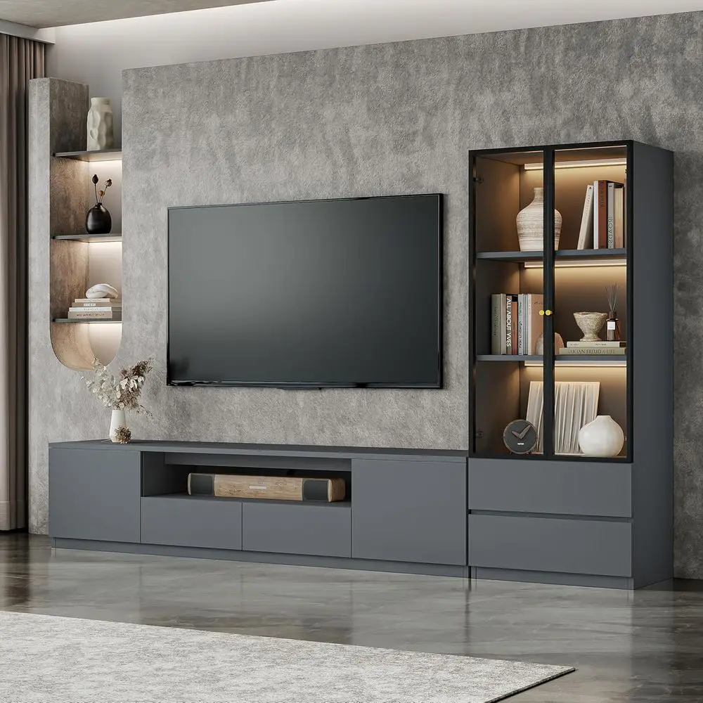 

102" Grey ern Entertainment Center or 55/65/75 inch TV, Included TV ole and Glass Display Cabinet, 2-Piece Media ole with Ders S