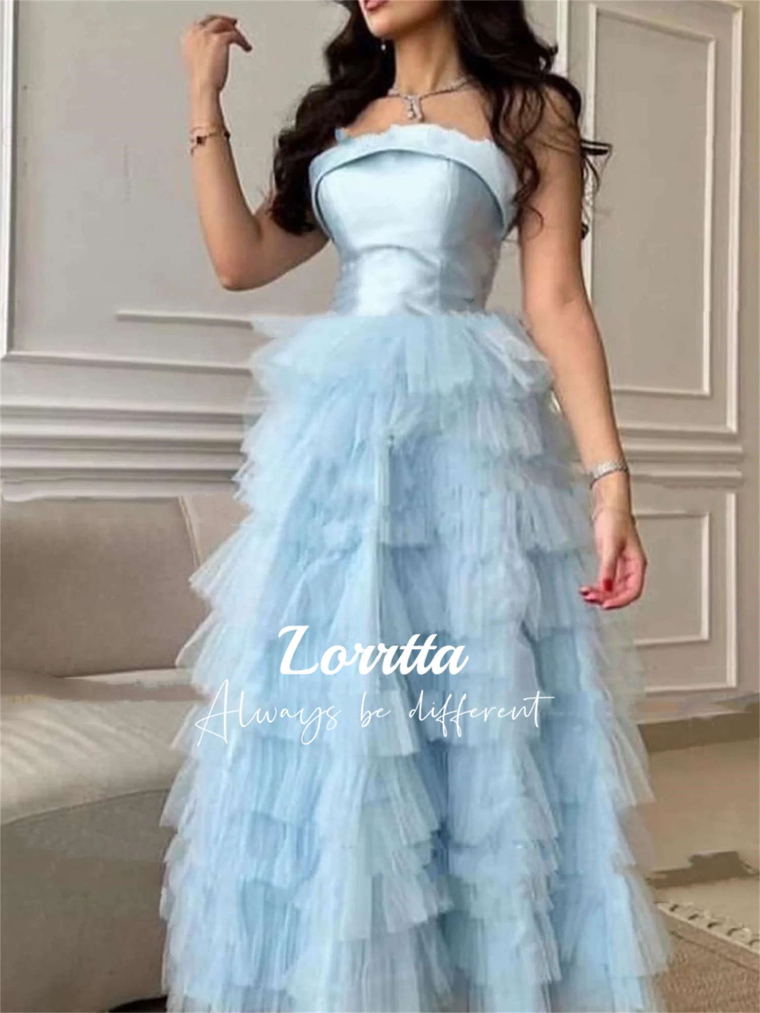 Lorrtta Sky Blue Ankle Length Layered Off the Shoulders Ball Gown Strapless Women\'s Evening Dress for Prom 2024 Customized