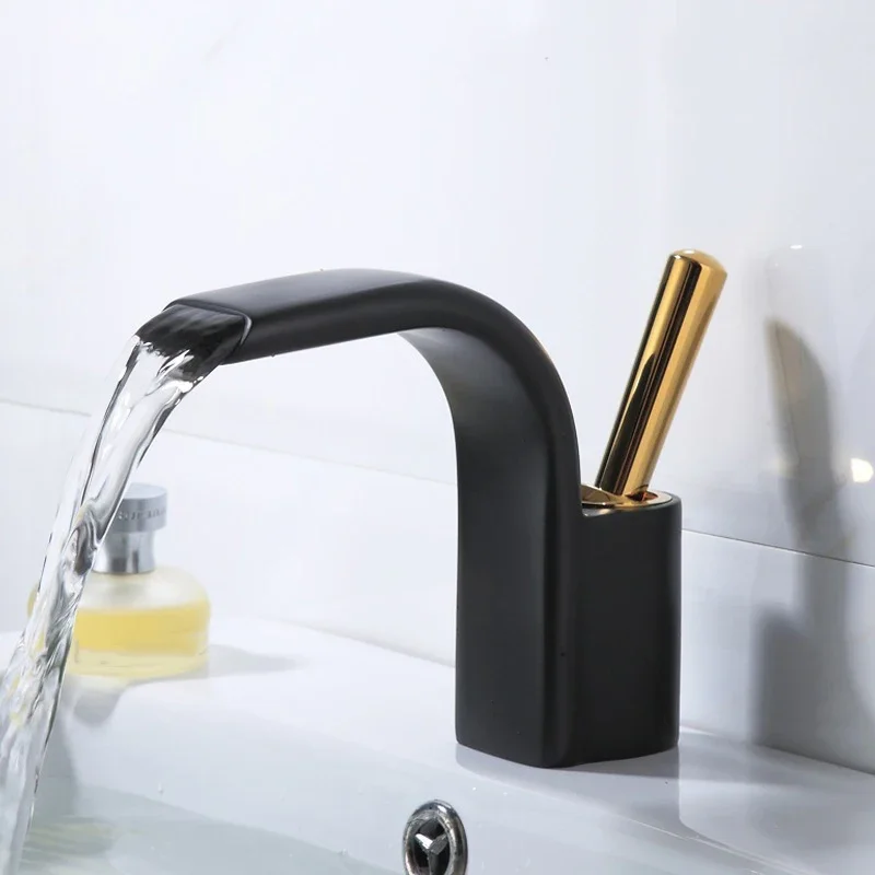 Fashion Wash Basin Sink Faucet Hot and Cold Waterfall Bathroom Faucet Deck-mounted Faucet Brass Single Handle Single Hole Taps