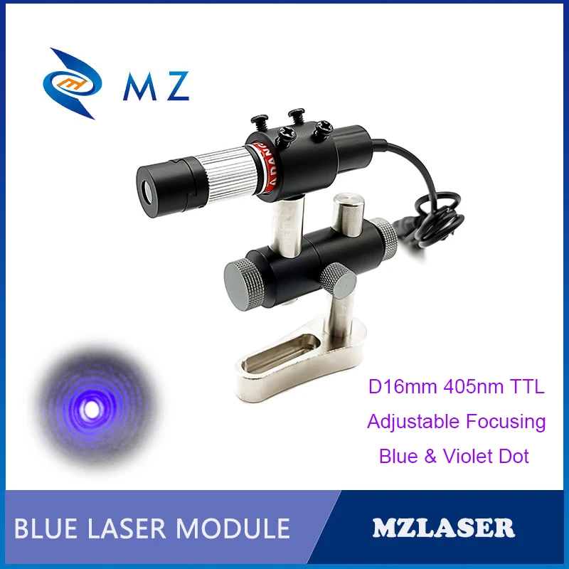 

Hot Selling High Stability Adjustable Focusing D16x81mm 405nm TTL Blue & Violet Dot Laser Diode Module With Bracket Supply