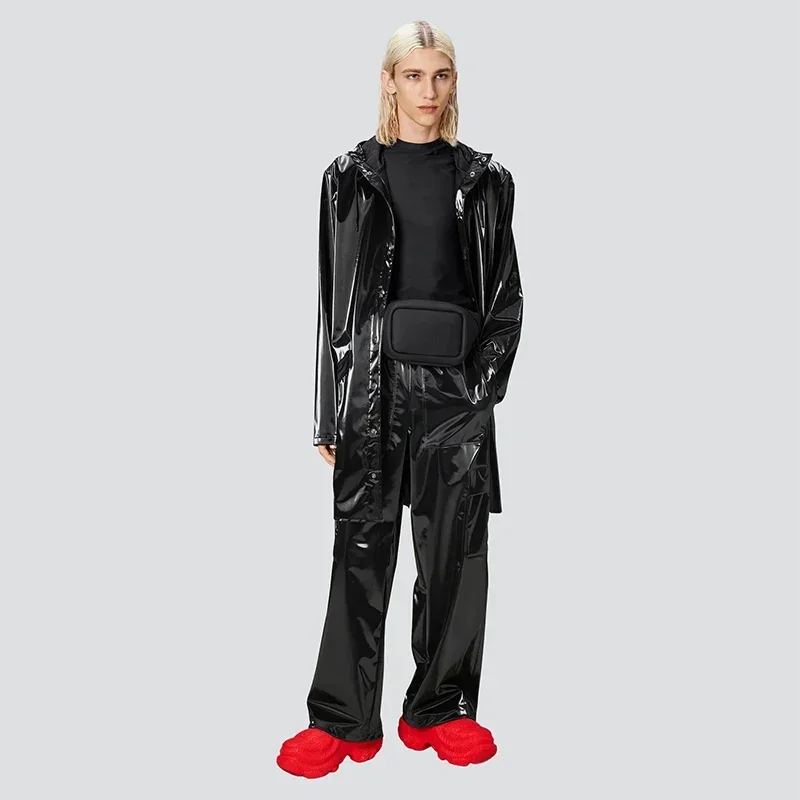 Men's Punk PU Trench Gothic Glossy Patent Leather Single Breasted Hooded Trench Coat Male Long PVC Waterproof Raincoat Custom