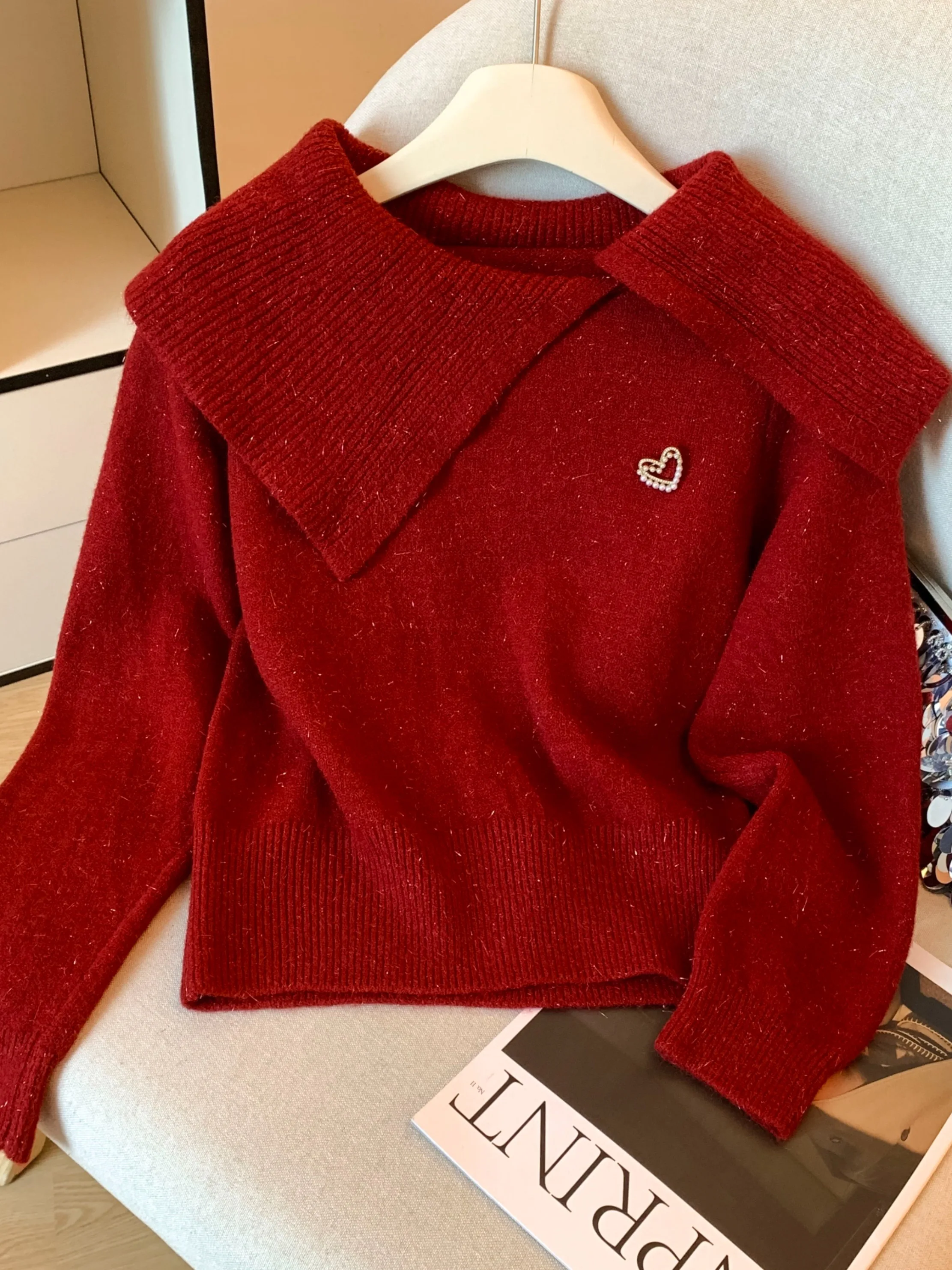 

Women's Knitted Sweater Large Collar Waist Cinched Soft Cozy Autumn Winter New Sle ort Length round Ne Long Sve Soli...