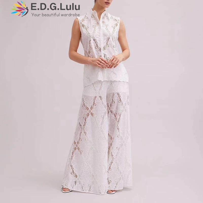 

EDGLuLu Two Piece Set For Women Turn-Down Collar Sleeveless Vest Top+High Waist Pants Hollow Embroidered Lace Casual Sets 0615