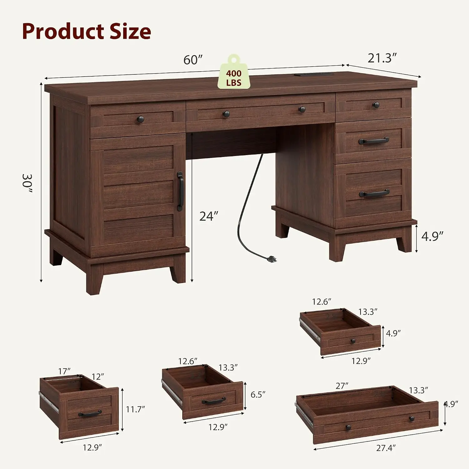 Executive Desk with File Drawers & Charging Station, 60 in Wooden Computer Desk with Cabinet Storage, Walnut, Customized