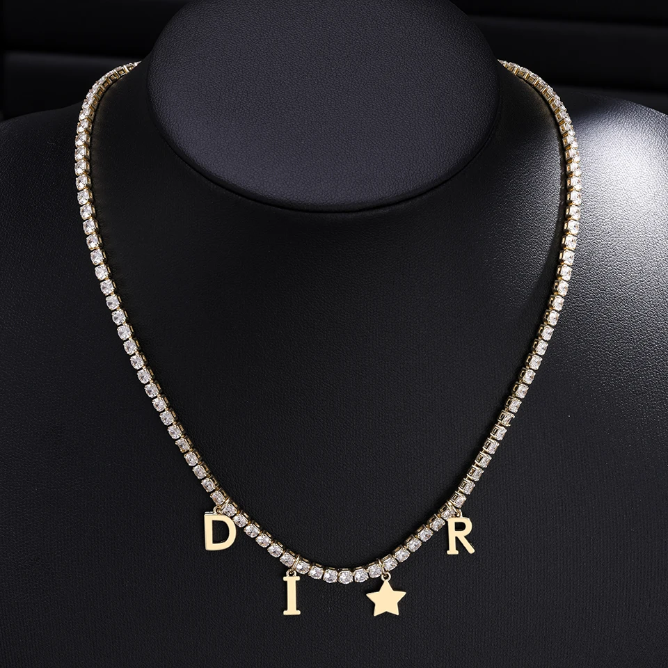 ZAKOL Luxury Shiny AAA Zircon Letter Star Charm Necklace for Women Exquisite Party Wedding Choker Neck Accessories