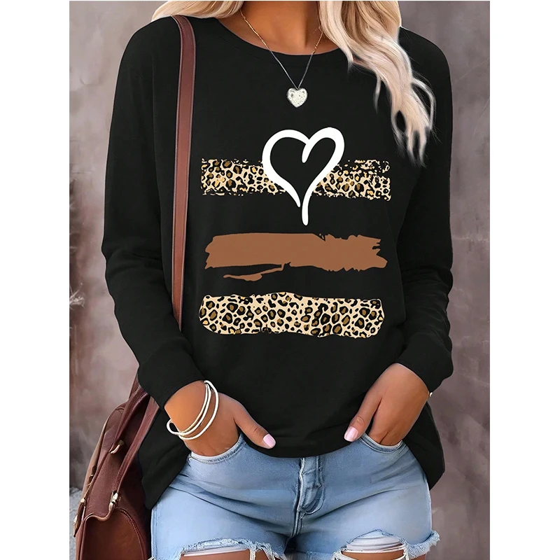 Camiseta estampada de manga larga con estampado de corazón y estampado de leopardo de los años 90, camisetas para mujer, camisetas gráficas para todas las estaciones, camiseta de moda, ropa
