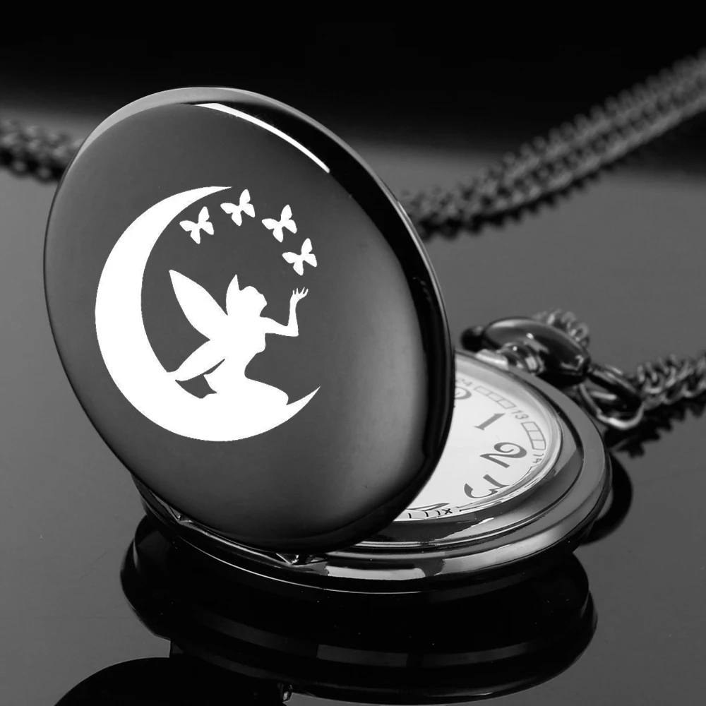 Moon Butterfly Angel Engraved Pocket Watch Roman Numerals Women's Pocket Watch Pendant Necklace Watches Unique Kids Girl Gifts