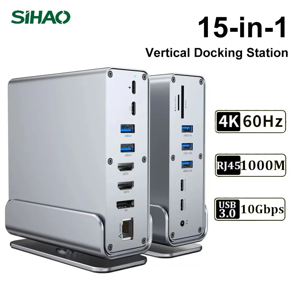 SIHAO Type C USB 3.0 HUB 15 in 1 Docking Station Multiport Adapter with HDMI 4K@60Hz PD100W Gigabit Ethernet SD/TF Card Reader