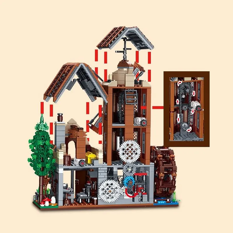 1580PCS MOC Bauernhof Haus Bausteine Mittelalterlichen Dorf Windmühle Cottage Architektur Modell mit LED Kinder Spielzeug Weihnachten Geschenk