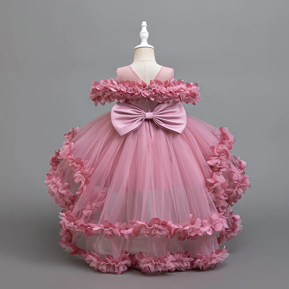 Trailing Girls Party Dress Formal Pink Wedding Bridesmaid Birthday Dresess for Kids Christmas Children's Tutu Gowns