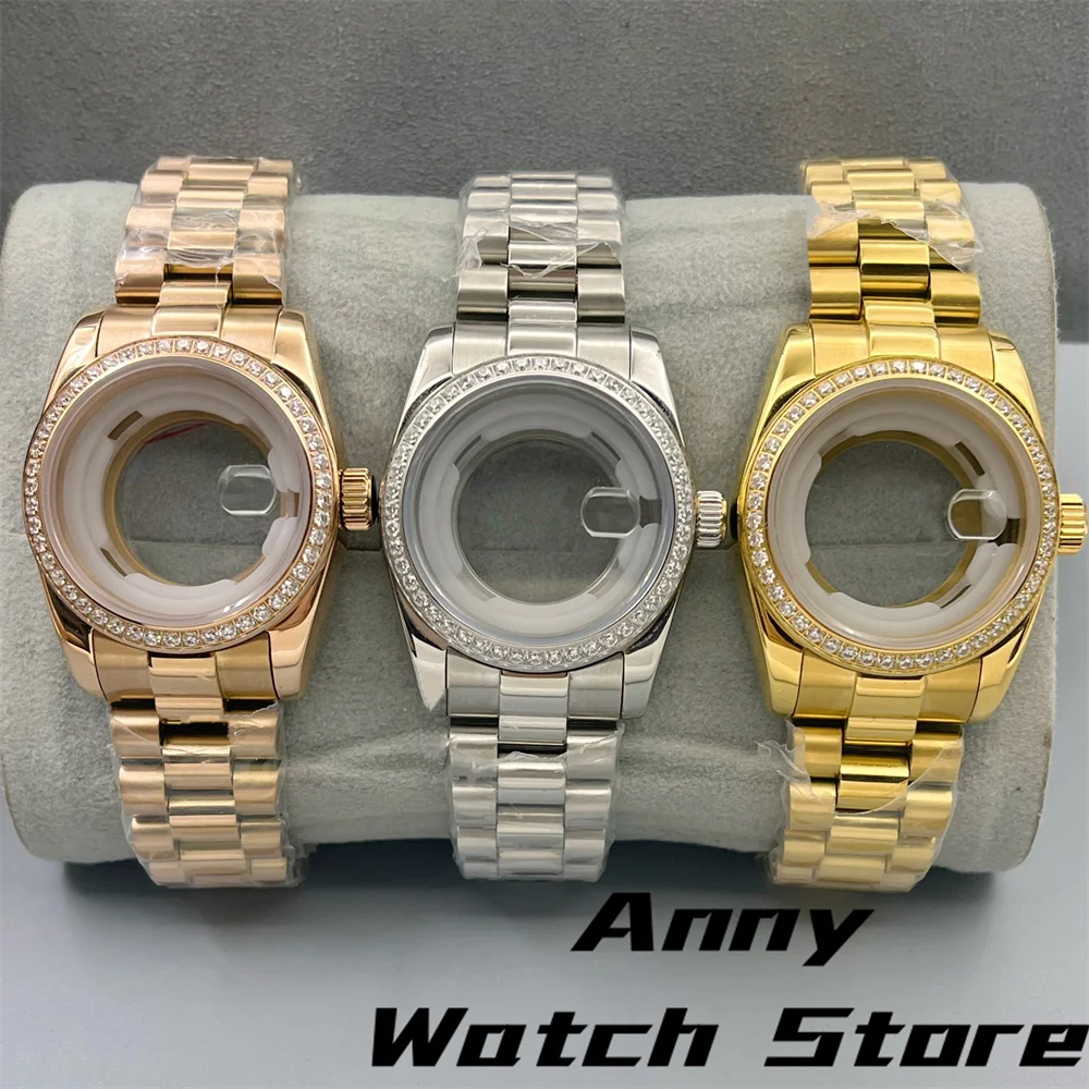 31mm Sapphire Glass Decorated Diamond Women Watch Case Two Tone silve Gold Rose Gold Steel Strap With Fit NH05 Movement